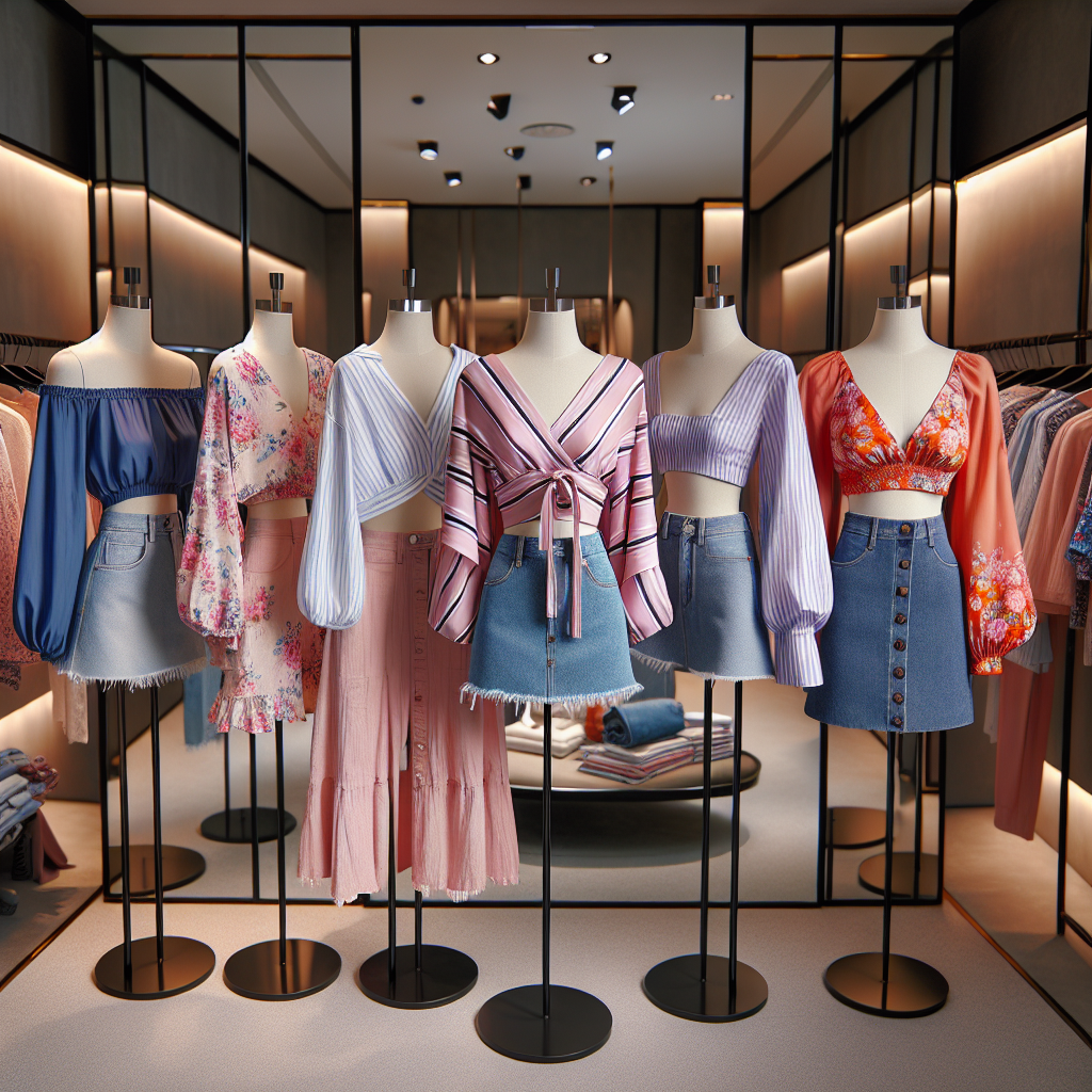 Stunning Tops for Skorts: Best Casual Date Picks A creative display of five charming casual tops that go excellently with skorts. The tops include an off-shoulder blue blouse, a floral print pink kimono blouse, a white crop top with bell sleeves, a striped magenta tie-front shirt, and a vibrant orange halter top. All the tops are tastefully paired with different styles of skorts, some plain, others printed, varying from denim to floral patterns. The surrounding environment is a sleek, contemporary dressing room with large mirrors, stylish accents, and soft, warm lighting. The carefully chosen lineup truly exhibits the perfect outfit choices for a casual date.