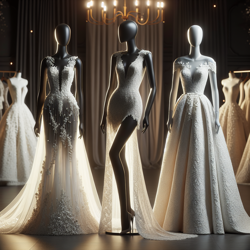 Stunning Formal Wedding Attire for Women: Find Your Fit! Create an image of an extravagant display of wedding attire suitable for women. The focus should be on three different wedding outfits, each designed for a different body type. The first outfit is for a tall, Black woman and emphasizes elegance and simplicity. The second outfit is designed to flatter the figure of a petite, Asian woman and embodies classic charm with modern flair. The third outfit, tailored for a curvy, White woman, combines tradition and innovation. Each outfit is displayed on mannequins positioned against an elegant backdrop with delicate ambient lighting.