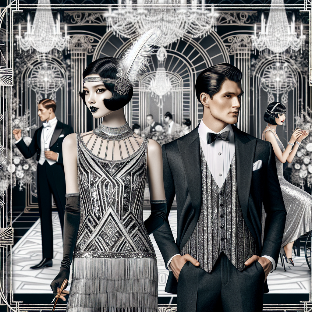 Gatsby Glamour: Find Your Stunning Party Look Imagine a luxurious scene inspired by the intricacies of the 1920s fashion. In the foreground, there is a woman wearing a stunning flapper dress adorned with sequins and fringes. She is Black and has her dark hair styled in an elegant bob, accented with a feather headband. Nearby, a South Asian man clad in a classic suit with a bow tie and a hat radiates elegance. The background features a lavishly decorated party room, complete with an elaborate chandelier, art deco designs, and guests in similar period attire. Every detail exudes the charm and sophistication of the Gatsby era.