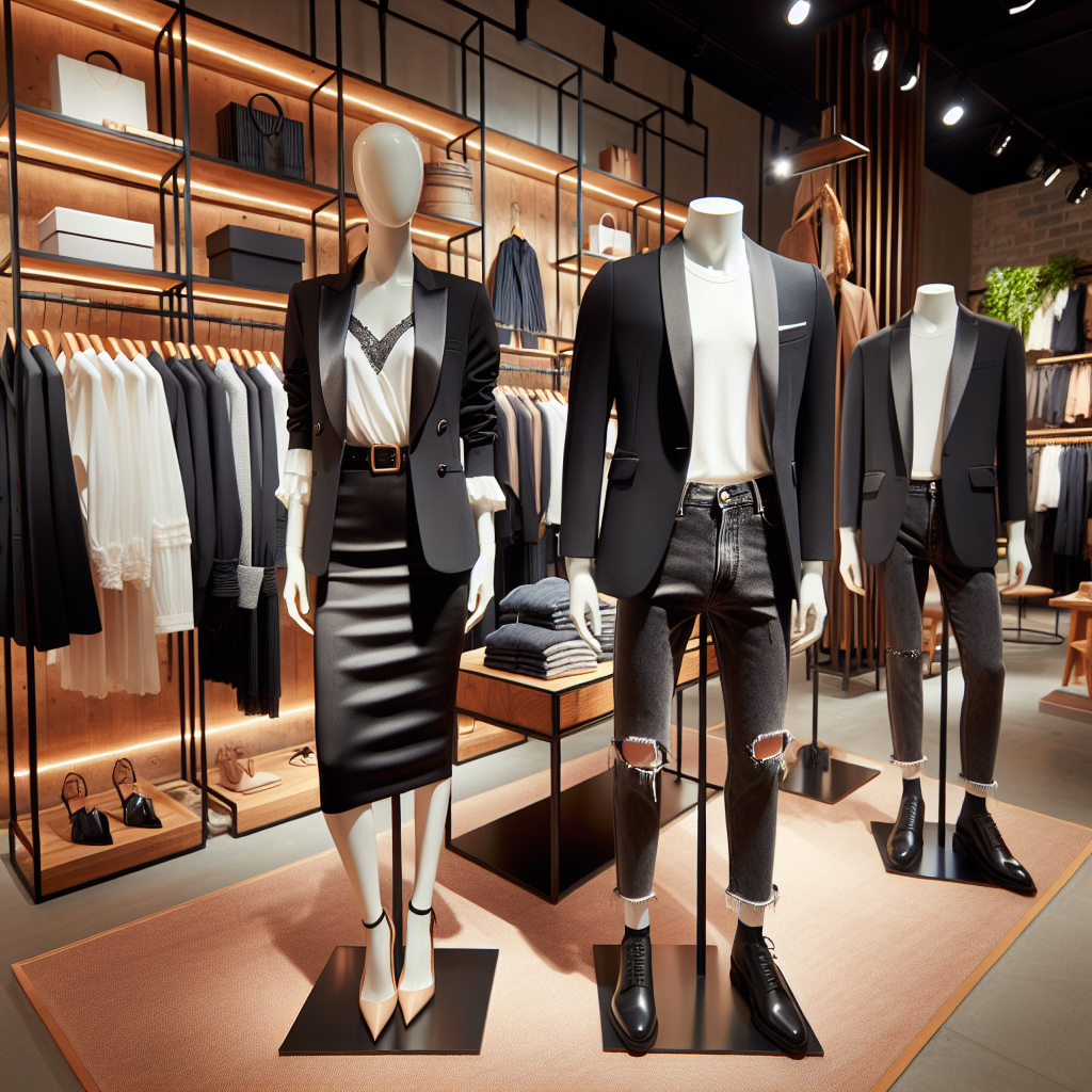 Stunning Outfits with Black Blazers: Find Yours Now! Brightly lit boutique showcasing a variety of stunning outfits featuring black blazers neatly arranged on hangers. The styles range from casual to formal and are each paired with coordinating accessories and footwear. A stylish black blazer for women on a mannequin displaying a business look with a white blouse, pencil skirt, and high heels. Another display has a male mannequin with the blazer paired with a V-neck T-shirt and rugged jeans for a casual look. An inviting interior design and helpful signage, guide customers to find their perfect fit.