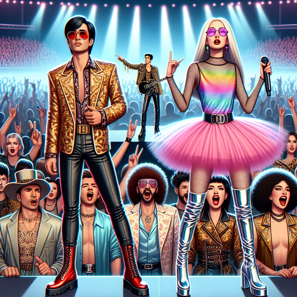 Stunning Concert Outfits: Effortlessly Shine! An image depicting a multitude of incredible concert looks. In the forefront, a South Asian male artist dressed in an extravagant gold sequined jacket, black skinny jeans, and glossy red boots. To his left, a Caucasian female artist is showcasing a neon pink tutu skirt, paired with a holographic tank top and over-the-knee silver boots. Behind them, a Hispanic male artist sports a blue silk shirt, high-waisted white trousers, and shiny black loafers. In the background, various concert-goers are enthusiastically cheering, clad in their own eclectic range of concert outfits.