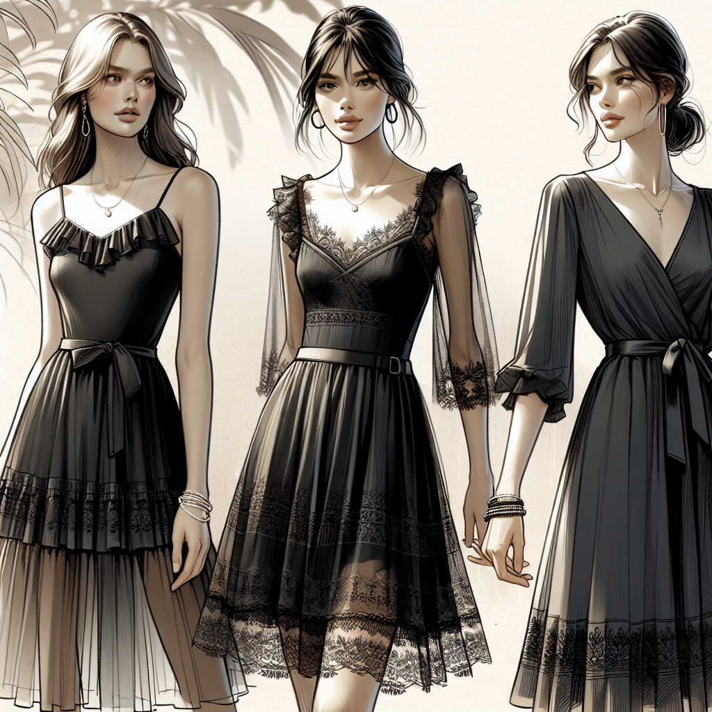 Funeral Fashion: Elegant Summer Dresses for Solemn Moments A collection of elegant summer dresses perfect for solemn occasions like funerals. The image should display a minimalistic and dignified fashion style. In the forefront, portray a Caucasian woman wearing a light, airy, black chiffon dress. In the middle, depict a South Asian woman in a delicate lace black summertime dress exuding grace and poise. In the background, illustrate a Middle-Eastern woman in a tasteful black satin wrap dress suitable for warm weather. Each woman should express a sense of peace and respect. Please include subtle details like ruffles, pearls, or simple floral patterns. The background should convey a discreet indoor setting with dappled sunlight filtering through.