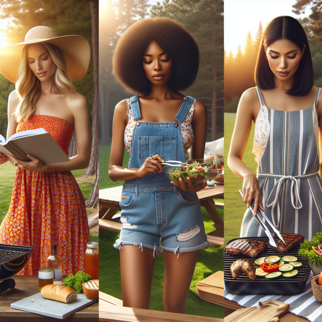 Exclusive Guide: What to Wear to a Cookout, Women's Edition Create an image presenting an array of diverse women at a casual outdoors cookout. A Caucasian woman is dressed in a vibrant sundress and a sunhat, reading a cookbook near the grill, another a Black woman wearing trendy denim shorts and a floral top while handling grilled items with tongs, and a third, a South Asian woman in a light-weight summer jumpsuit preparing a salad on a picnic table. The background is filled with sunlit trees, a clear blue sky and a picnic blanket spread on the lush green grass.