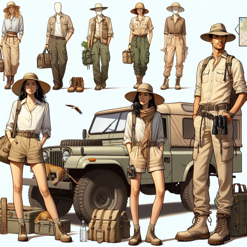 Safari Style Guide: Must-Have Outfits for Adventure Visualize a showcase of different 'Safari Style' outfits. In the foreground, present a female explorer of South Asian descent wearing khaki shorts, a white linen shirt, and a wide-brim hat, holding a pair of binoculars. Behind her, show a Hispanic male in a beige safari vest, olive cargo pants, and sturdy boots, leaning on a jeep. In the background, include a Caucasian woman wearing a lightweight jumpsuit, sturdy sandals, and a sun-shielding scarf, examining a map. Each of them should display must-have accessories like water bottles, practical bags, and sunscreen. Use the colors of the African savannah for general tonality.