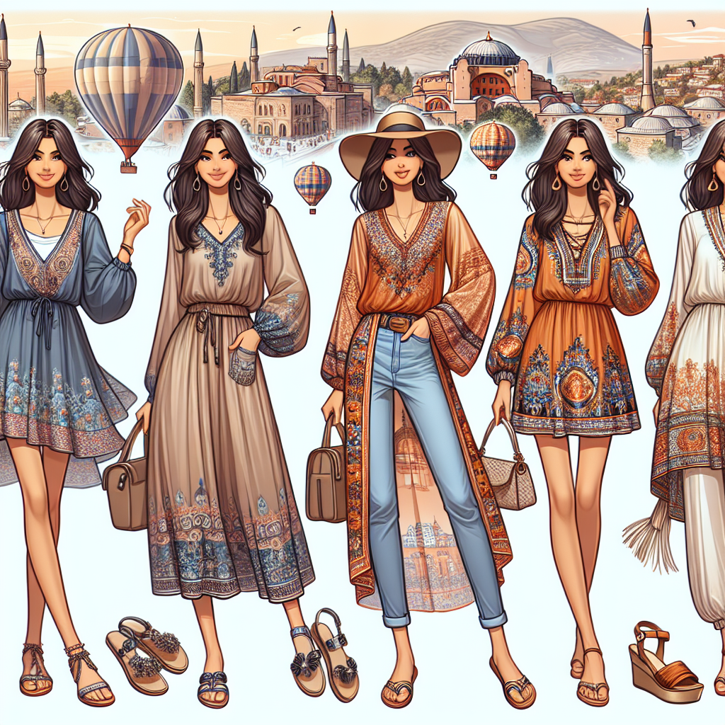 Stunning Turkey Outfits: Must-Have Styles for Women Tourists An image showcasing a variety of stylish outfits suitable for women tourists in Turkey. These include a casual ensemble with a chic flowing sundress matched with comfortable, stylish sandals for soaking the sightseeing. A more sophisticated outfit featuring a vibrant detailed tunic paired with comfortable jeans and a tasteful summer hat for cultural visits or evening strolls. A South Asian woman showcases the sundress, and a Middle-Eastern woman models the tunic outfit. The backdrop is filled with notable Turkish landmarks like hot air balloons in Cappadocia and Hagia Sophia in Istanbul.