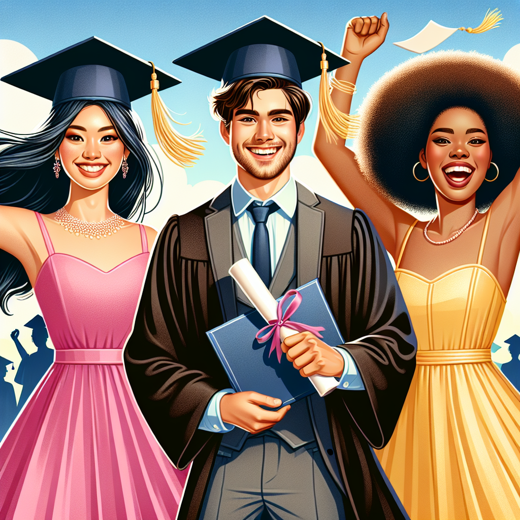 Illustration of a graduation celebration featuring a trio of different students: a young South Asian woman wearing a formal pink gown combined with her graduation cap and gown, an ecstatic Middle Eastern man in a tailored grey suit showcasing his diploma while donning a graduation cap and gown, and a vibrant Black woman dressed in an elegant yellow sundress, her graduation cap tassel swinging jubilantly. All three individuals are radiating with joy and accomplishment, with a backdrop of a vibrant blue sky and a graduation celebration in the background.