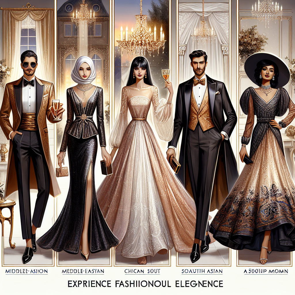 Stunning Outfits for 50th Anniversary: Find Yours Experience fashionable elegance with this visual representation of stunning outfits appropriate for a 50th anniversary celebration. Picture an array of five different outfits, targeted towards diverse groups of people. Imagine a sophisticated tuxedo for a Middle-Eastern gentleman, a scintillating gown for a Caucasian lady, a chic, modern suit for a South Asian man, an enchanting dress for a Hispanic woman, and an exquisite, traditional outfit suitable for a Black person. Details should focus on the mature and elegant style that aligns with such a special occasion. The background can incorporate aesthetic elements of golden jubilee celebrations.