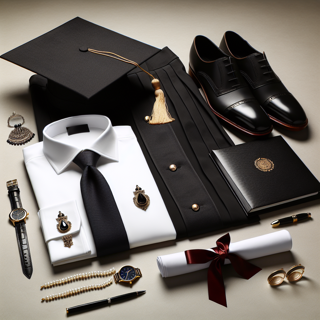 An elegant fashion ensemble arranged thoughtfully on a smooth surface. The ensemble consists of a flowing, black graduation gown, a matching graduation cap, a neatly folded white shirt with a classic blue tie, and polished black leather shoes. A golden graduation tassel and a silver honor cord drape gracefully atop the cap. Include a diploma embellished with a red ribbon placed nearby. For the finale, illustrate an array of graduation outfit accessories like a pearl necklace, opulent earrings, and an elegant wristwatch. The style should evoke a sense of accomplishment, pride and readiness for the next chapter in life.