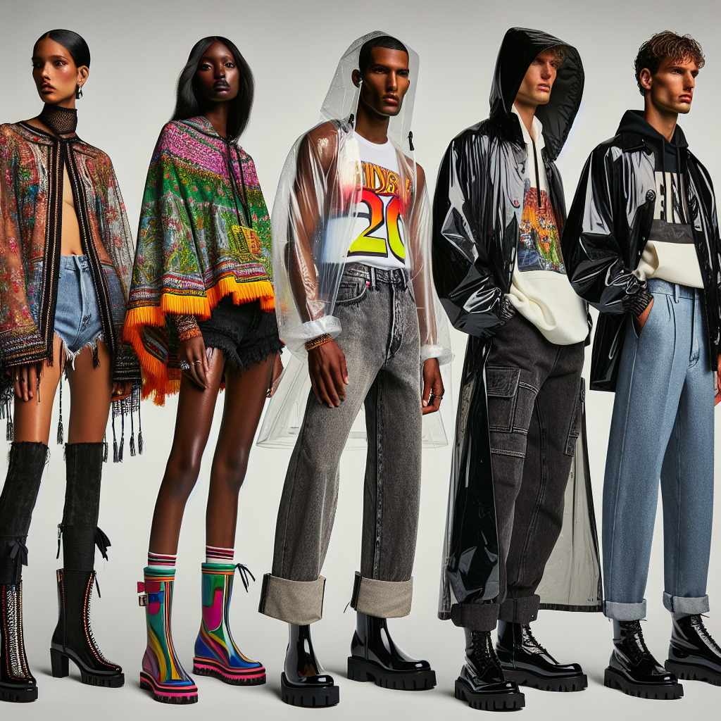 A fashion spread showcasing a variety of concert outfits perfect for rainy weather. The first ensemble is worn by a tall, slender woman of Hispanic descent, featuring a vibrant, waterproof poncho with bohemian prints, paired with high-waist black jeans and ankle boots. The second ensemble is featured on a petite, athletic middle-eastern woman wearing a transparent raincoat over a neon concert t-shirt, distressed denim jeans, and brightly colored wellington boots. The third look is on a robust black man with a street-influenced style, sporting an oversized waterproof bomber jacket, a graphic band t-shirt, black jeans, and chunky boots. Lastly, a tall South-Asian man models a hip minimalist outfit comprised of a sleek, black trench-coat, a white fitted t-shirt, grey slacks, and shiny, black oxford shoes. Each outfit is stylish, practical, and effortlessly combatting the rainy concert scene.