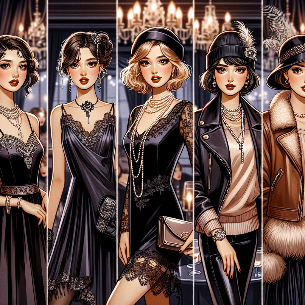 A detailed fashion styling guide for women who want to attend a jazz club. This scene should include a South Asian woman confidently sporting a refined black velvet dress with a touch of lace, a Caucasian woman elegantly dressed in a classic 1920s flapper dress with pearl accessories, and a Middle-Eastern woman wearing a chic leather jacket paired with a vintage silk blouse. Their looks are complete with vintage-inspired make-up, feathered hats, and shiny leather boots. In the background, a classy jazz club atmosphere can be seen, with soft, dim lighting and velvet curtains.