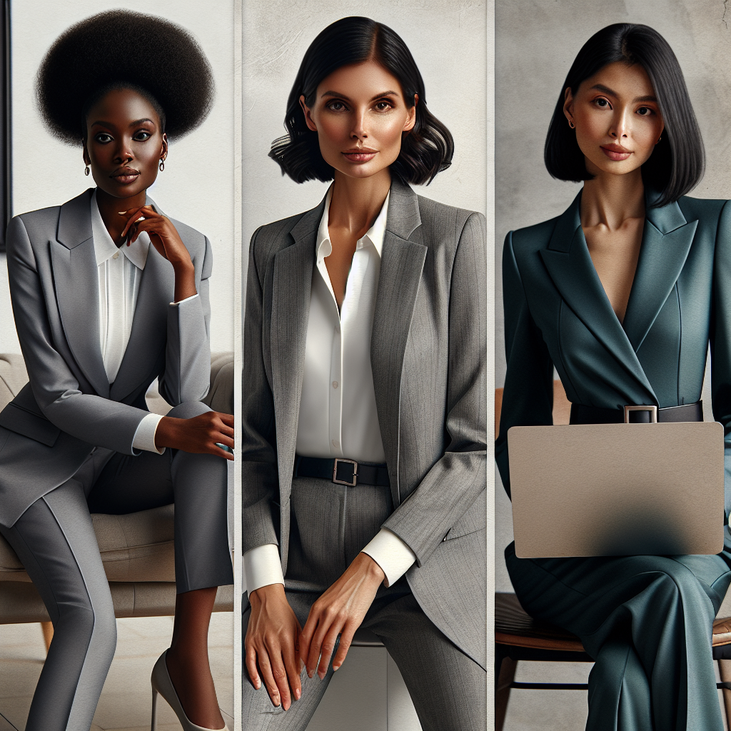 Must-Have Outfits for Women's Zoom Interviews Imagine a fashionable and modern office setting. In the middle, a confident Hispanic woman is seen, wearing a professional gray blazer, a plain white blouse, and matching gray trousers, a neatly done bun adding to her polished look. On one side, a Black woman in a sharp blue business dress sits near her laptop, her hair styled in short curls. On the other side, a South Asian woman wearing a formal green jumpsuit with her sleek straight hair falling over her shoulders is captured while adjusting her laptop. Each woman is preparing for an online interview, showcasing an array of must-have women's outfits for Zoom interviews.
