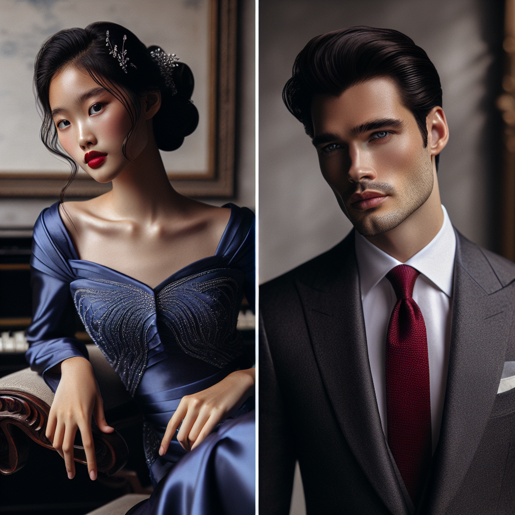 Curating the perfect look for a photoshoot is all about selecting the right outfit. Picture a young woman, of Asian descent, elegantly dressed in a royal blue evening gown with subtle silver details. Her hairstyle is a sophisticated updo, adorned with tiny crystal hairpins. In another setting, visualize a man of Hispanic descent wearing a chic charcoal grey suit, paired with a crisp white shirt and a vibrant red tie. His hair is styled sleek and continually groomed. Each outfit is complemented with prop choice, like vintage furniture or a grand piano, in a setting that bathes them in soft, natural light.