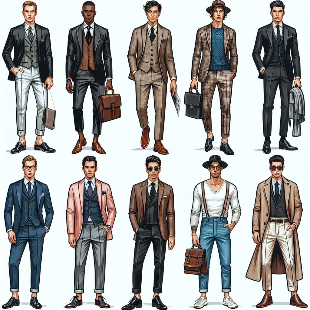 A detailed visual guide on what to wear to a fashion show for men. The image should feature men of different descents like Caucasian, Black, Hispanic, Middle-Eastern, and South Asian dressing in stylish, trendy, and fashionable attire suited for a fashion show. Showcase men in a mixture of formal wear, casual chic, and avant-garde styles to display a full spectrum of fashion possibilities. Include accessories and footwear to complete the outfits. The atmosphere should radiate sophistication and style, reflecting the exclusive and high-energy environment of a top-tier fashion show.