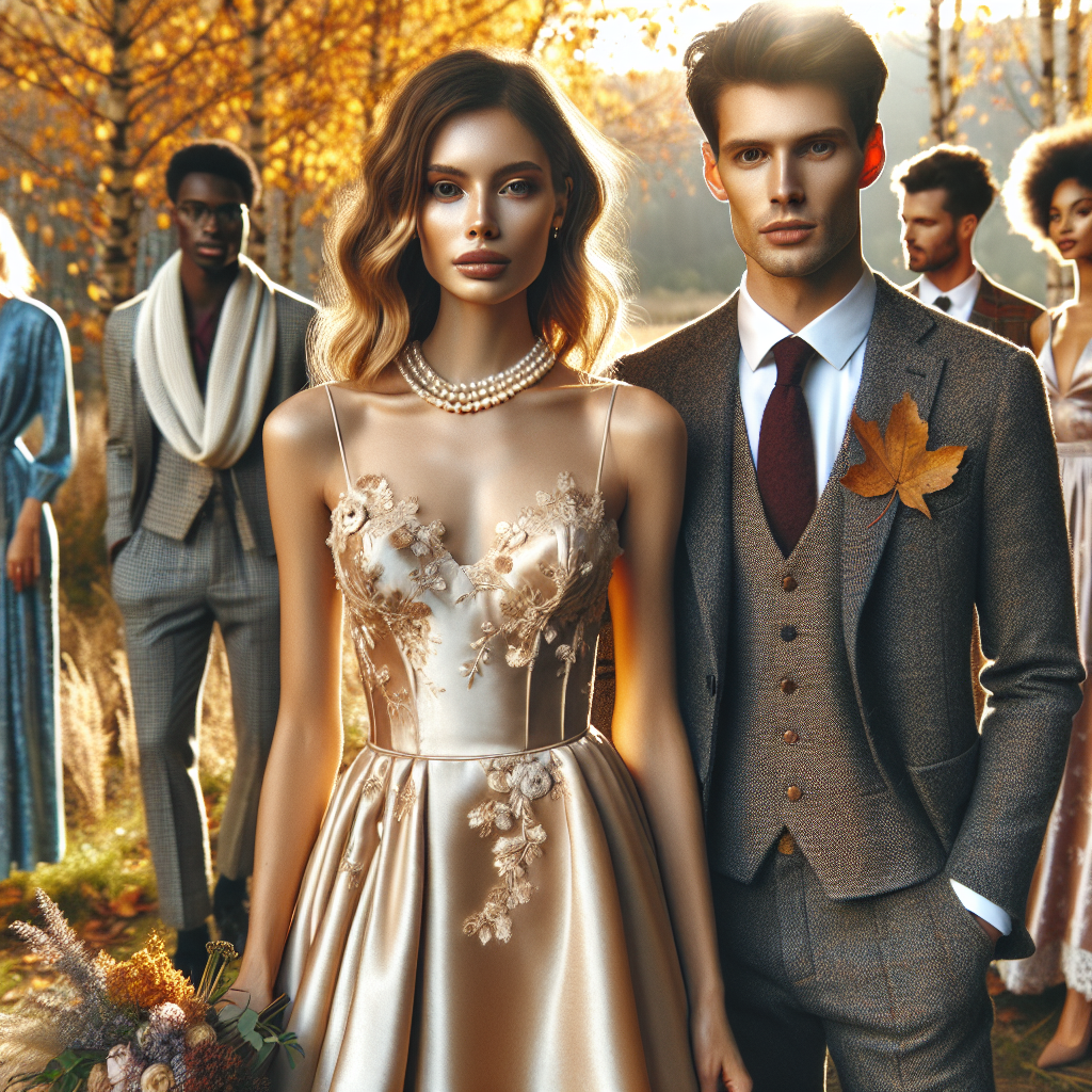 Visualize a beautiful autumnal wedding scene. In the foreground, there's a couple; the woman is wearing an elegant, high-waisted, champagne-colored satin dress with floral lace detailing overlay, complemented by a pearl necklace, while the man is in a classy navy suit with a burgundy tie that matches the fall theme. In the background, there are guests in stylish semi-formal outfits, reflecting a variety of genders and descents, such as a Black woman in a pastel wrap dress and an Asian man in a grey tweed suit. The setting is an outdoor location with trees adorned with vibrant fall foliage. Warm sunshine filters through the leaves, adding to the charm.