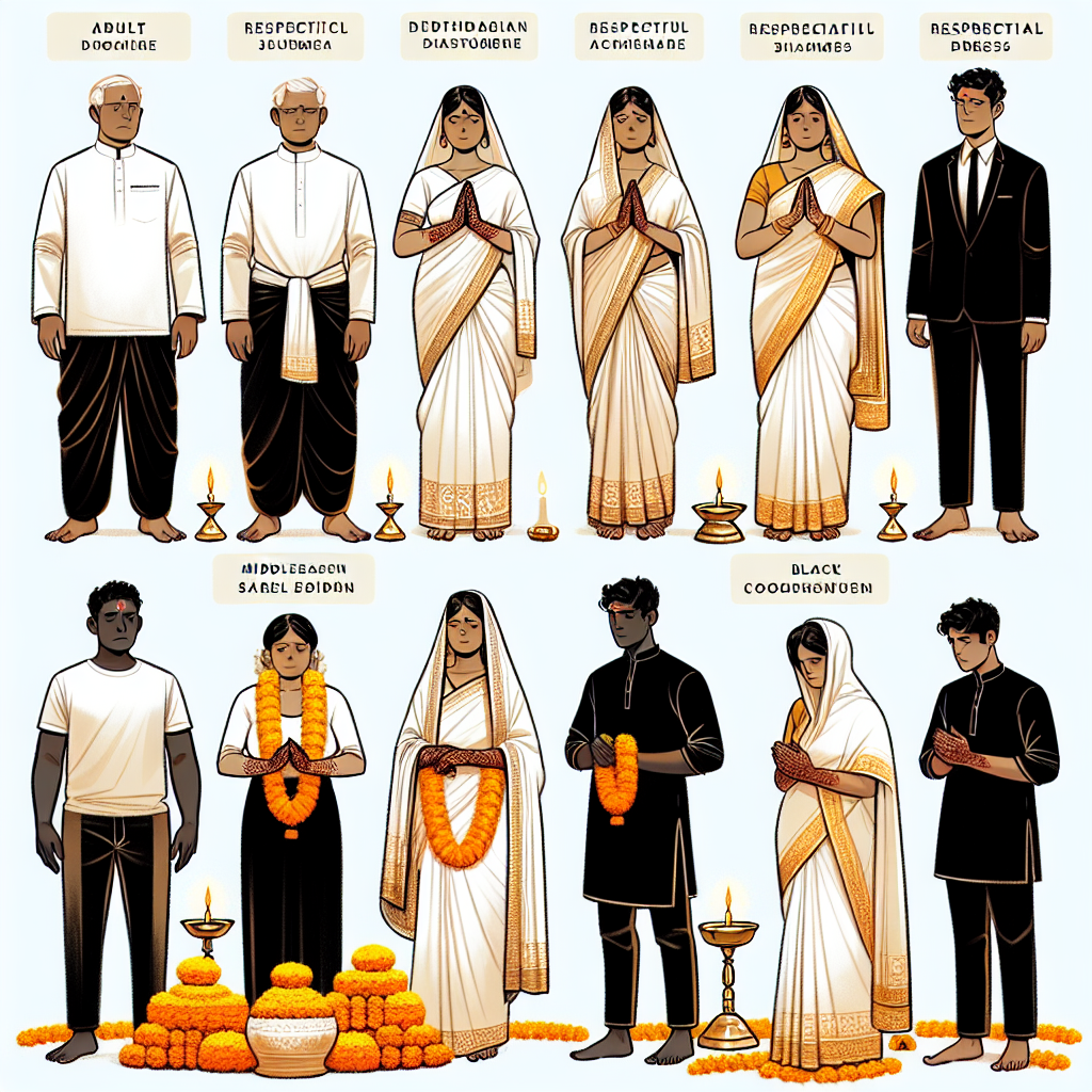 A detailed visual guide demonstrating various traditional Hindu funeral attire. Feature a group of people showing respectful dress: an adult South Asian man in a simple white dhoti garment; a Middle-Eastern woman draped in an elegant white saree, her hands adorned with henna designs; and a Black individual donning a white kurta. Intersperse the scene with symbols of Hindu spirituality, like marigold flowers and diyas. Maintain a solemn aura throughout the scene, indicative of the gravity of the occasion.