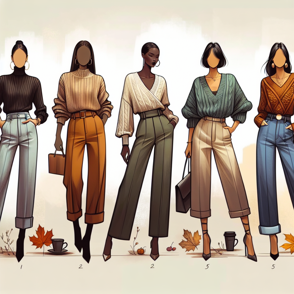 Stunning Outfit Ideas: Best Pants for Sweater Elegance Illustrate a detailed look at various outfit ideas that highlight the best pairing of pants and sweaters for a sophisticated, chic look. Showcase a Latin American woman in sleek, dark pants paired with a soft, neutral-hued sweater; an African woman sporting chic, bright pants combined with a cozy, patterned sweater; an Asian woman displaying a trendy pair of wide-leg pants with a fitted, vibrant sweater; and a Native American woman in a casual denim paired with an elegant, pastel-colored sweater. To add context, include slight fall elements in the background, like fallen leaves and a coffee cup.