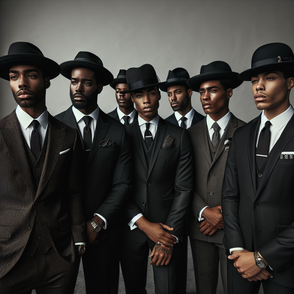 Stunning Styles for Men at Funerals: Effortless Elegance Generate a sophisticated yet respectful image capturing a range of traditionally Black and Hispanic men wearing various styles of elegant funeral attire, in neutral and black shades. Their expressions are calm, embodying serene dignity. Their suits vary from modern slim-line to traditional cuts, all tailored perfectly to fit their physiques. Hats vary from wide-brimmed to bowler styles, paired with tasteful accessories like tie pins, pocket squares and minimalist cufflinks. Despite the somber atmosphere, there is an underlying tone of comfort and unity. Their profound respect for the occasion is worn with insightful sophistication and effortless elegance.