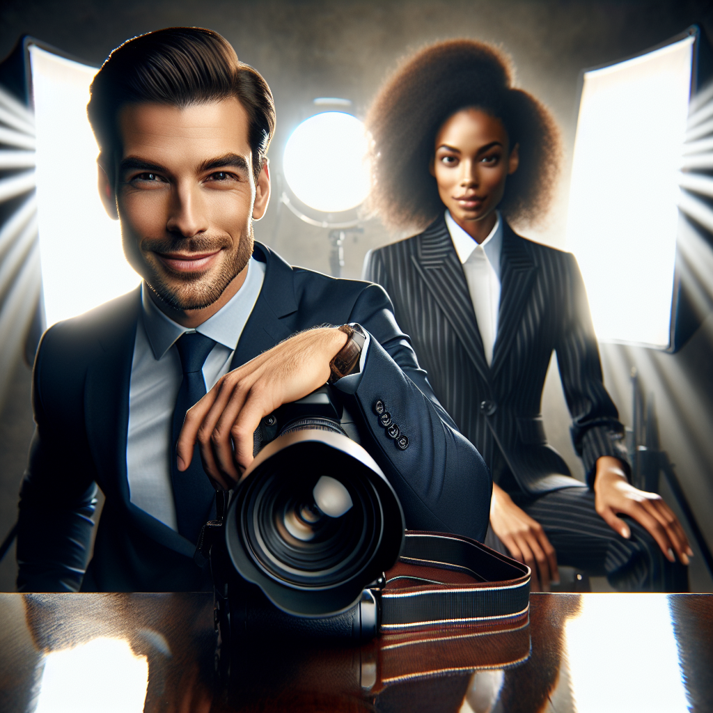 Visualize a professional setting where a skilled photographer is capturing business headshots. In the foreground, a confident Caucasian male in a debonair suit directs a magnetic smile toward the camera. In the background, a dynamic Black female in an elegant business attire steeped with personality focuses on her poised, radiant image in the mirror. The atmosphere is filled with ease, embodying an effortless look. Beams of soft light accentuate features, etching their mirrored reflections onto a glossy wooden table laden with photographic equipment, thus symbolizing the process of discovering one's stunning look.