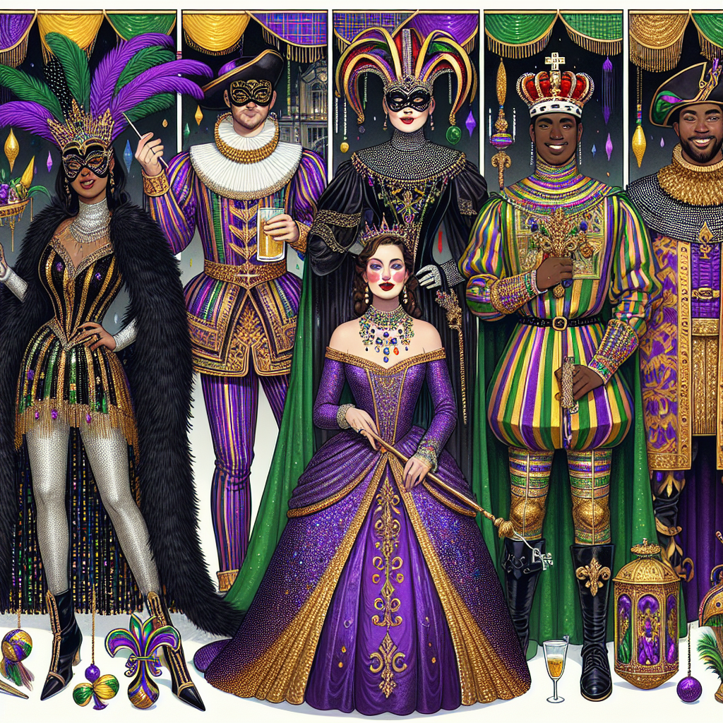 Mardi Gras Style Guide: Unveil Your Stunning Look! A detailed visual interpretation of a Mardi Gras style guide. Display a diverse group of five individuals showcasing their fashion ensembles: a black woman in an extravagant feathered mask and sequined gown, an Asian man in a purple, gold, and green jester suit with a wide-brimmed hat, a Caucasian woman wearing a velvet cloak and holding an ornate scepter, a Hispanic man donning a knight's costume complete with heraldry, and a Middle-Eastern woman showcasing a dress inspired by Mardi Gras beads. All amidst vibrant colors, vibrant patterns, float-like accessories, and a festive backdrop befitting the celebration of Mardi Gras.