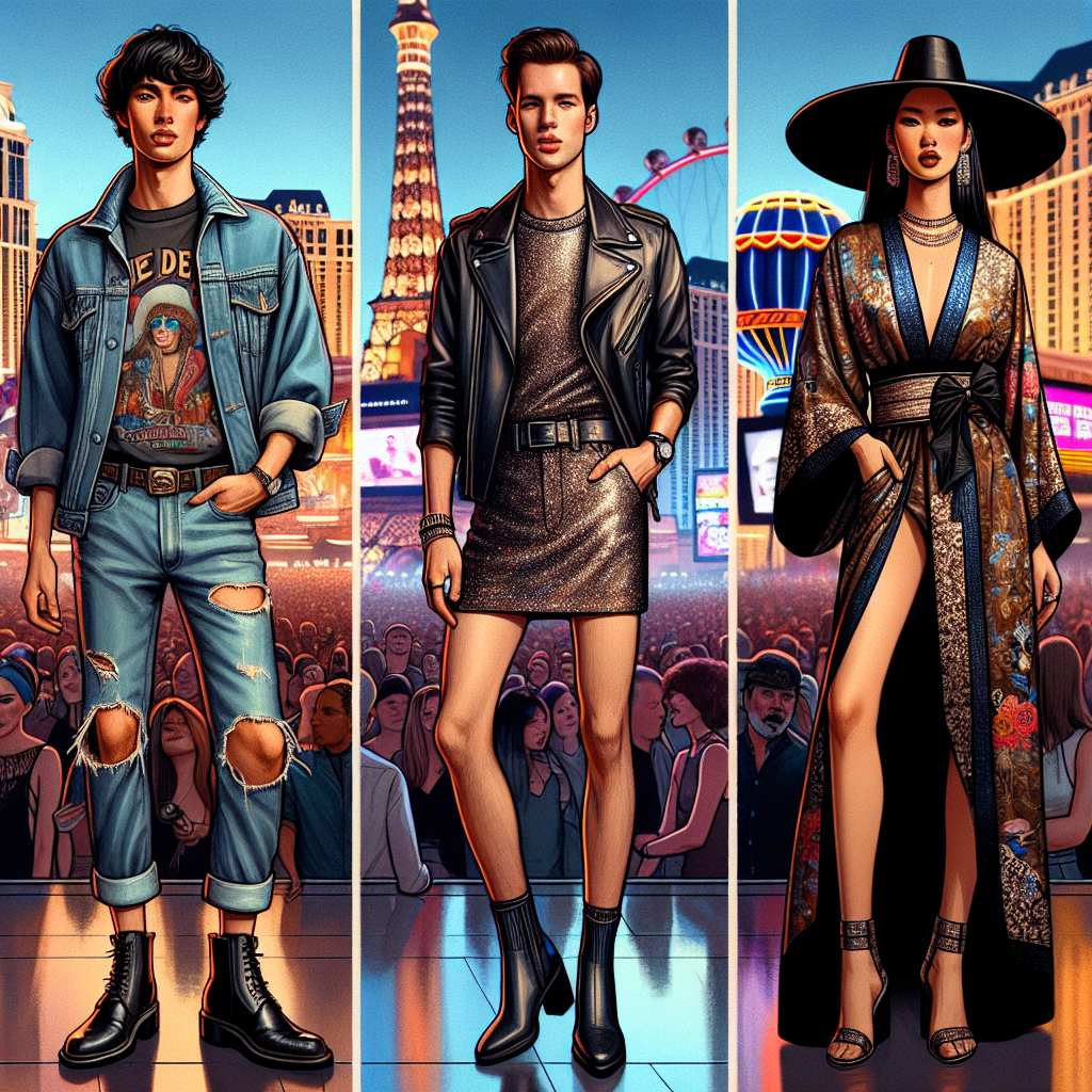 Visual interpretation of a bustling Las Vegas concert where fashion-forward concert-goers are seen in various stunning outfits. The main focus is on three individuals, each with a unique effortless style. The first individual, a Hispanic male, sporting distressed jeans, a vintage band tee, and a classic black leather jacket. The second, an Asian female, shining in a shiny metallic mini dress paired with black ankle boots. Finally, a Middle-Eastern non-binary person, elegantly dressed in a fashion-forward kimono, wide-leg trousers, and large brim hat. Each individual's outfit reflects their unique style and the vibrant, energetic atmosphere of a Vegas concert.