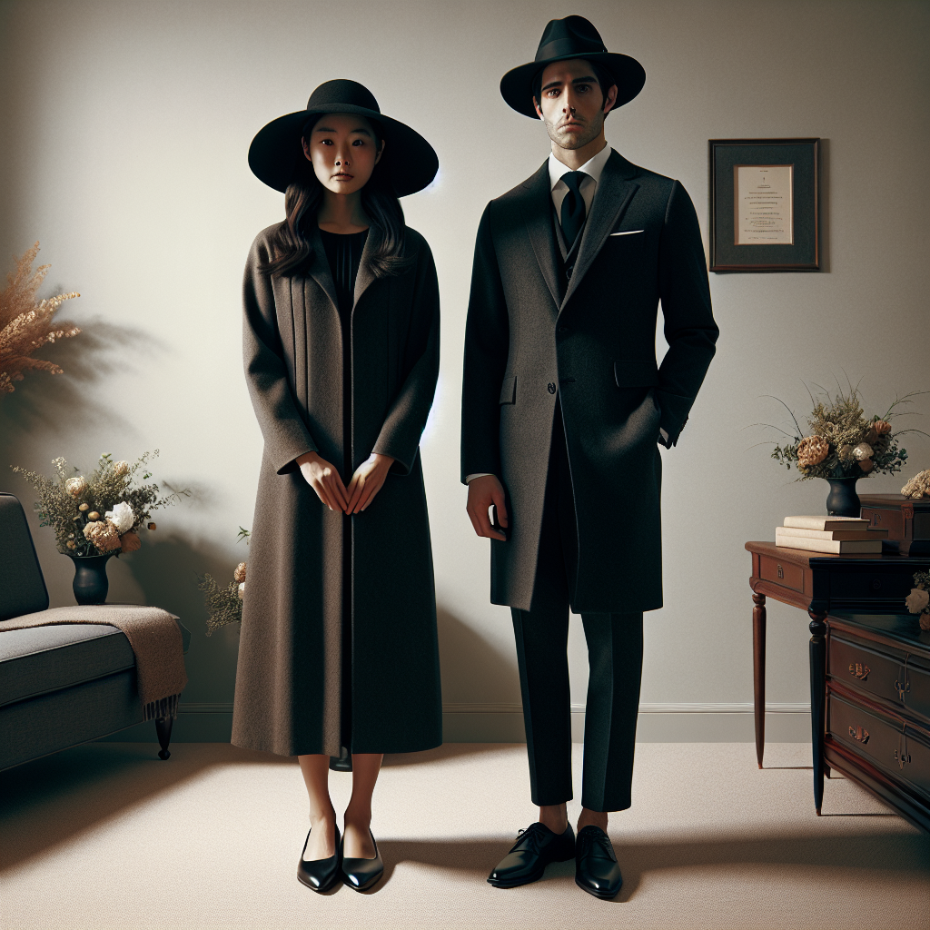 What to Wear to a Memorial Service: Respectful & Dignified A respectful and dignified ensemble suitable for a memorial service. The outfit should be conservative and modest, preferably in dark or neutral tones. It consists of a mid-length dress on an Asian woman paired with a simple coat, and black Oxfords on a Hispanic man with a dark suit and tie. Both are accessorizing with dark-coloured hats – a wide-brimmed one for the woman and a fedora for the man. The backdrop should suggest a solemn atmosphere, perhaps a room with muted decor, discreet floral arrangements and a picture frame on the wall.
