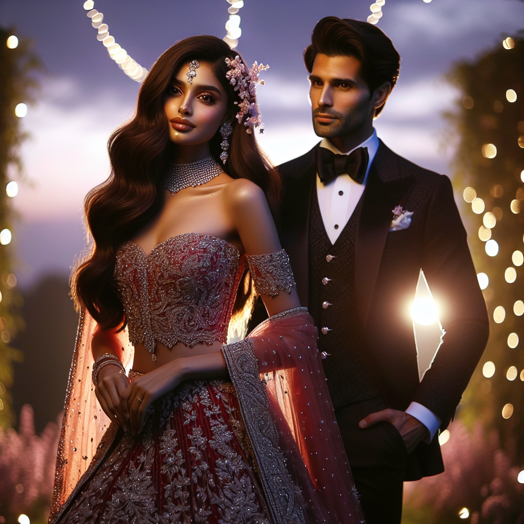 Stunning Evening Wedding Attire: Effortless Elegance Visualize a stunning evening wedding attire scene packed with infinite elegance. It's just after sunset and the sky is colored with hues of lavender and pink. Picture a South Asian bride elegantly dressed in a shoulder-baring, intricately detailed red lehenga, her hair cascading down in loose waves, adorned with delicate flowers. Her partner, a Hispanic man, is wearing a sharp tailcoat, sleek bow-tie, and crisp white shirt. His ensemble is completed with polished black shoes. The couple stands in a garden filled with softly glowing fairy lights, their radiant faces expressing the joy of this beautiful evening.