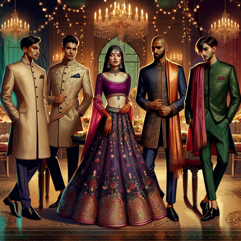 Stunning Looks for Indian Wedding Receptions A colorful and vibrant image depicting various attire styles for an Indian wedding reception. Capture a scene with five unique individuals, each showcasing a distinct look. The first person, a South Asian male, is wearing a classic cream-coloured sherwani with embroidered detailing. The second, a Caucasian female, dons a plum lehenga choli intricately adorned with sequins. The third person, a black male, exhibits a sleek midnight blue bandhgala suit. The fourth, a Middle-Eastern female, is in a radiant gold saree, and the last person, a Hispanic male, is in an emerald green kurta with a textured stole. The backdrop exudes the luxuriousness of an Indian wedding reception with decorated tables, ambient lighting, and floral arrangements.