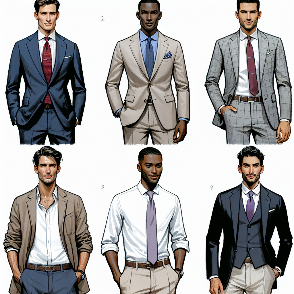 Must-Have Outfits for Male Guests at Commencement Illustrate a collection of must-have outfits for male guests attending commencement ceremonies. Show four men of diverse descents including Caucasian, Black, Hispanic, and Middle-Eastern. The first man should be in a classic navy suit, crisp white shirt, and a red tie. The second man should be in a light grey suit with a pastel blue shirt and a gold tie. The third man can wear a khaki suit with a white linen shirt unbuttoned at the collar. Lastly, the fourth man should be in a smartly tailored black suit with a light purple shirt and matching purple tie.