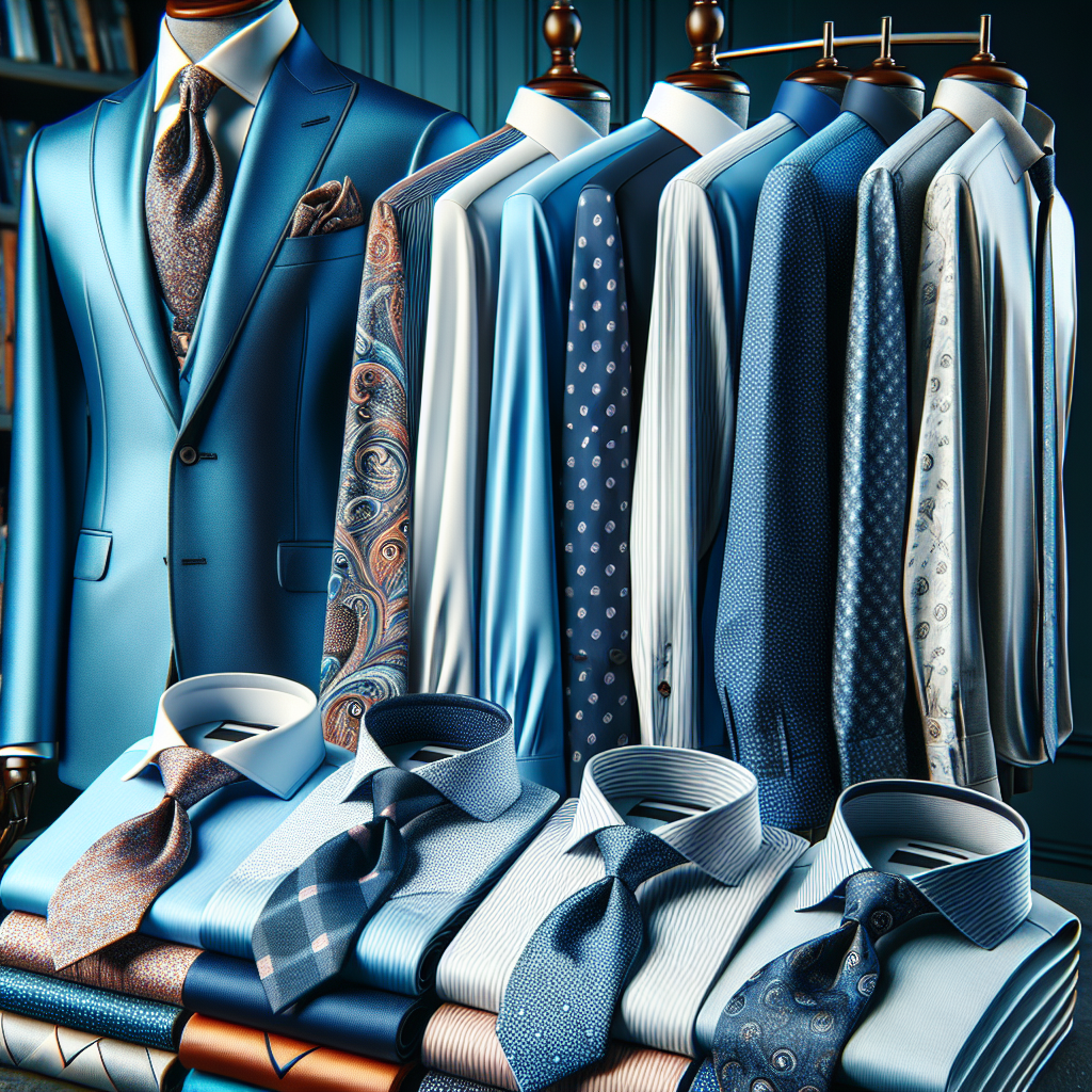 A comprehensive fashion guide showcasing different styles of shirts and ties that go well with blue suits. The image includes a variety of shirt styles such as classic white, stripped, and pastel-colored, paired with ties embracing designs like paisleys, dots, and solid colors. In the background, there is a well-tailored blue suit on a mannequin, providing a complete look. The scene has an elegant vibe, with hints of a boutique or a high-end fashion store.