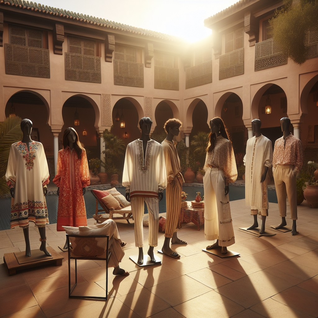 Stunning Marrakech Outfits: Effortless & Chic Choices An assortment of chic and effortless outfits inspired by the traditional clothing of Marrakech, Morocco. Picture a beautiful courtyard of a Moroccan riad in the background. In the scene, display a variety of outfits on mannequins. One mannequin, a South Asian woman, is fitted with brightly colored kaftans featuring embellished details. A Black man mannequin is dressed in crisp white djellabas with detailed embroidery. Another, a Middle-Eastern woman mannequin, showcases the elegance of a chiffon tunic over wide-leg trousers. The final mannequin, a Hispanic man, sports a casual look composed of patterned shirts and loose linen pants. The settings sun, casting long golden hues over the scene, add to the aesthetics.