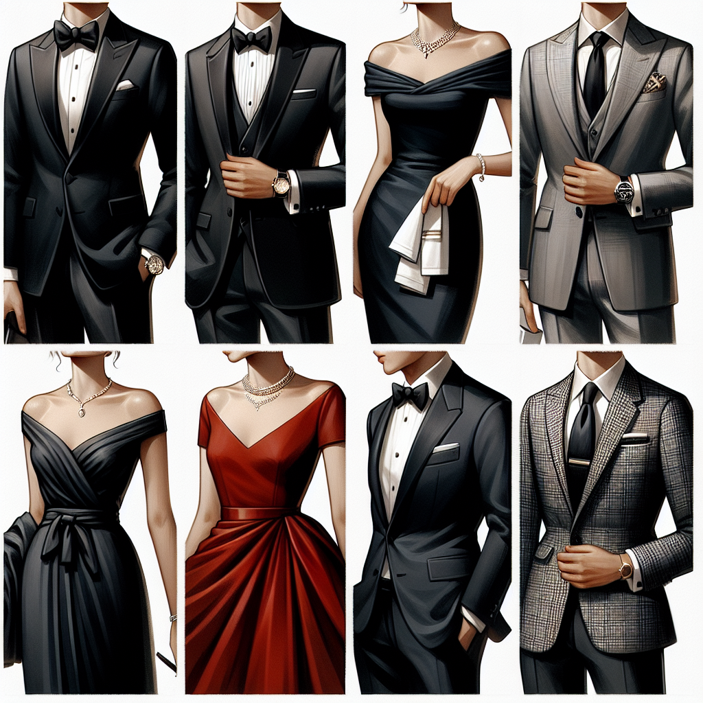 A selection of must-have outfits appropriate for formal dinners, capturing the essence of effortless elegance. Imagine a variety of outfits including stylish suits, elegant dresses, and sophisticated accessories. Picture a black tuxedo worn by an Asian male, a navy blue evening gown worn by a Middle Eastern female, a chic red cocktail dress donned by a Hispanic woman, and a well-tailored gray suit worn by a White man. Each outfit is accessorized with subtle yet notable pieces; a watch, a diamond necklace, pearl earrings or a patterned silk tie. The overall theme reflects an air of refined simplicity and esteemed grace.