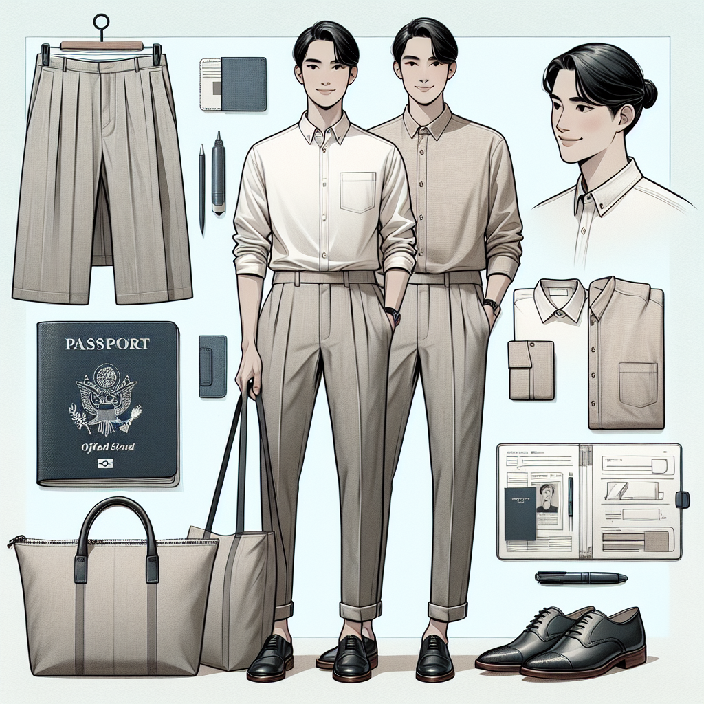 An image showcasing an ensemble perfect for a passport appointment. The image should feature a person of South Asian descent in a smart-casual attire suitable for the occasion -- a sleek, pressed button-up shirt in a neutral color paired with tailored trousers. The person should have their hair tied up in a neat bun, a small tote bag hanging from their shoulder containing essential items, and polished oxford shoes. Beside them, illustrate a smaller preview of what their passport photo might look like, focusing on the neat attire and smiling face. Surround them with a soft background featuring cool tones.