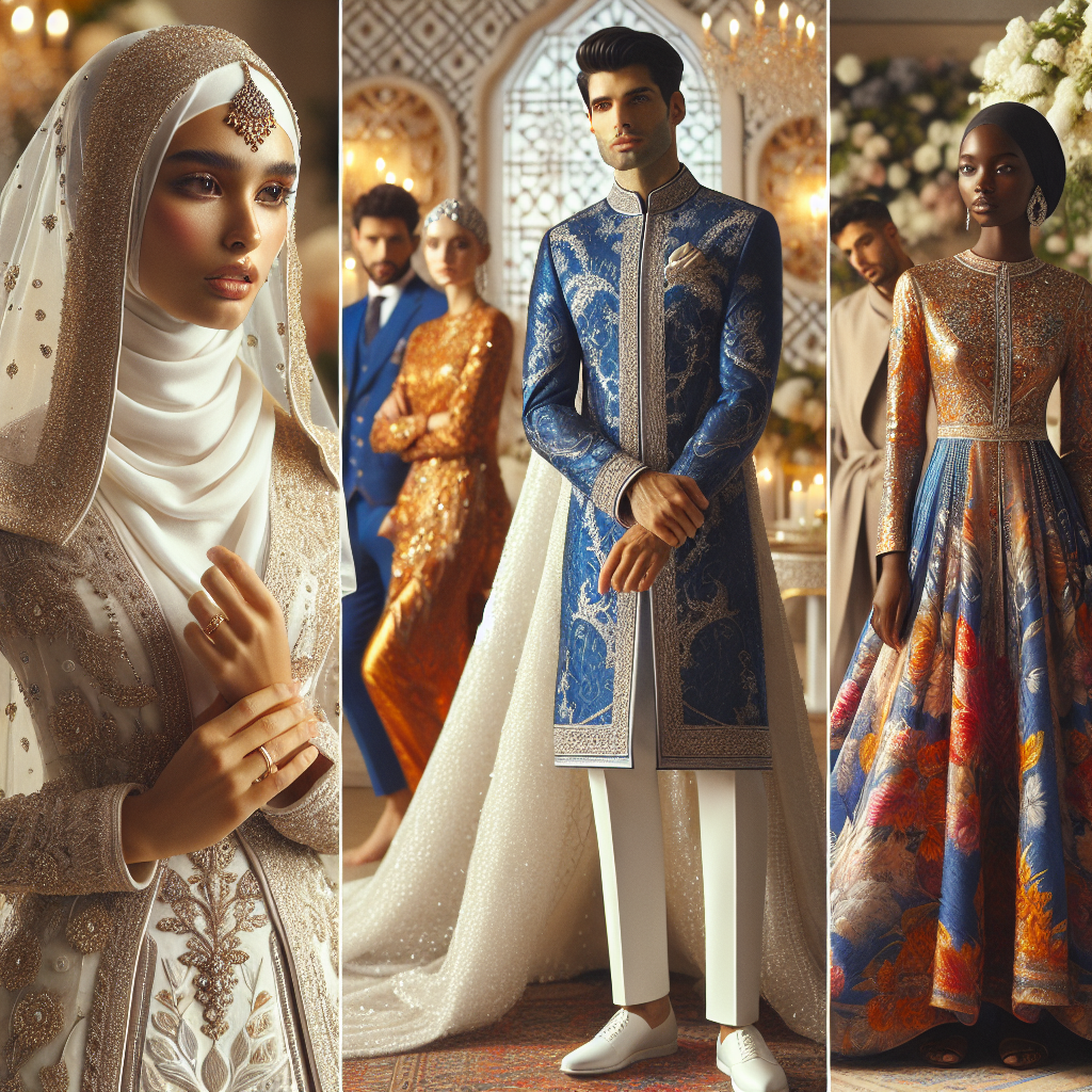 An image showcasing a collection of traditional and contemporary outfit ideas for a Nikah (Muslim wedding) ceremony. A Middle-Eastern bride is adorned in an intricate white gown with gold embroidery, complemented by a matching hijab gracefully framing her face. A South Asian groom, on the other hand, is dressed in a sherwani in rich, royal blue, accented with delicate silver details. In the background, a Hispanic woman in a vibrant, tastefully embroidered A-line dress and a Black man in a well-tailored suit add a sense of cultural diversity and inclusivity to the scene. The ambiance is festive, filled with warmth and love.