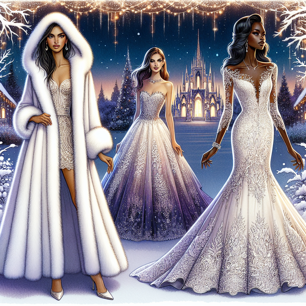 A vivid, detailed fashion illustration showcasing a variety of stunning coat options elegantly paired with winter wedding dresses. In the foreground, a Middle-Eastern woman stylishly drapes a luxurious, white, faux fur coat over a delicately beaded mermaid wedding dress. To her left, a Black woman gracefully models an elegant long-line cashmere coat over a beautiful A-line wedding dress with intricate lace detailing. In the distant background, a snow-kissed wedding venue twinkles beneath a soft twilight sky, setting a dreamy and romantic ambiance.
