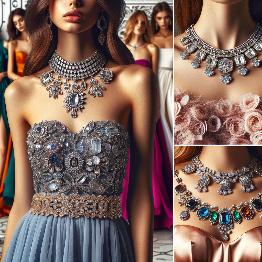 Must-Have Necklaces for Strapless Dresses! A fashionable image featuring three beautiful must-have necklaces that are perfect accessories for strapless dresses. The first necklace is a bold choker style, adorned with shining gemstones and intricate motifs. The second necklace is a delicate, long-line design with multiple layers and subtle charms. The third piece is a statement bib necklace, featuring large, glistening gemstones in an array of colors. The necklaces are displayed against a background of different strapless dresses which are elegant and sophisticated in design. The dresses are in a wide variety of colors to show the versatility of the necklaces.