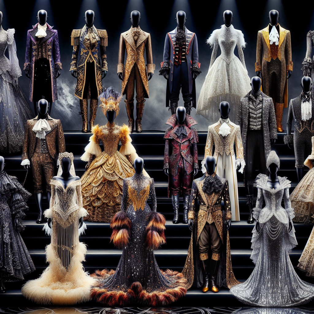 A visual panorama of stunning Broadway show outfits, each exuding a unique charm and texture. Exhibit various styles of clothing - intricate laces, gleaming sequins, luxurious velvets, feathered trims, and elaborate beadwork, spanning the period costumes from 'Phantom of the Opera' to the futuristic designs from 'Wicked'. Include a diverse array of models proudly displaying these outfits, from a Black male character in a swashbuckling pirate costume to a Middle Eastern woman draped in a mystical gown. Captivate the viewer with the array of glittering accessories and the dramatic flair of Broadway fashion.