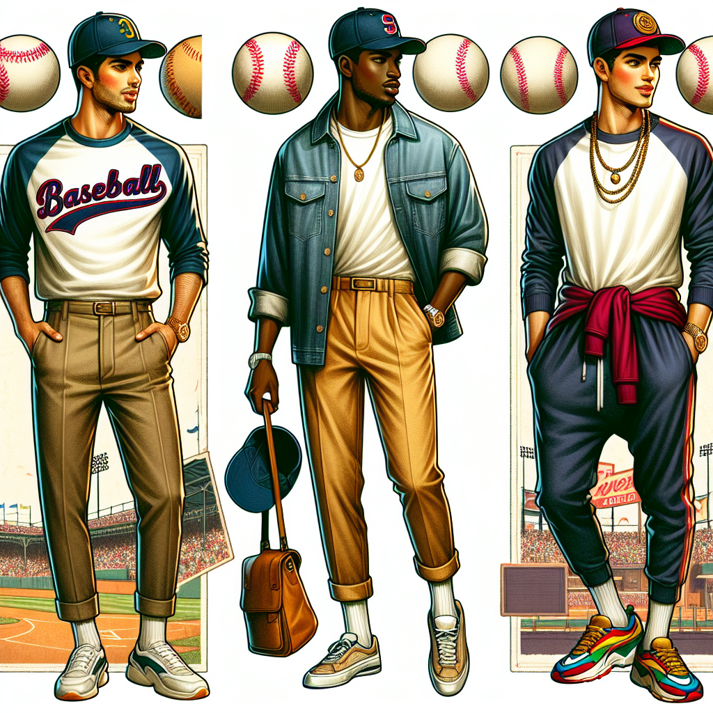 Illustrate an image of three distinctive baseball game style outfits for men. The first man is of Middle Eastern descent, he's wearing casual attire with a vintage baseball team logo shirt, jeans and sneakers. The second portrayal includes a Black man in a denim jacket, basic white t-shirt, and comfortable khaki pants, his footwear comprises stylish loafers. The third display depicts a South Asian man in chic sports attire showing off with a baseball cap on his head, coupled with trendy dark-colored sweatpants and colorful sports trainers. Captivate the environment as a vibrant summer day, filled with excitement and energy.