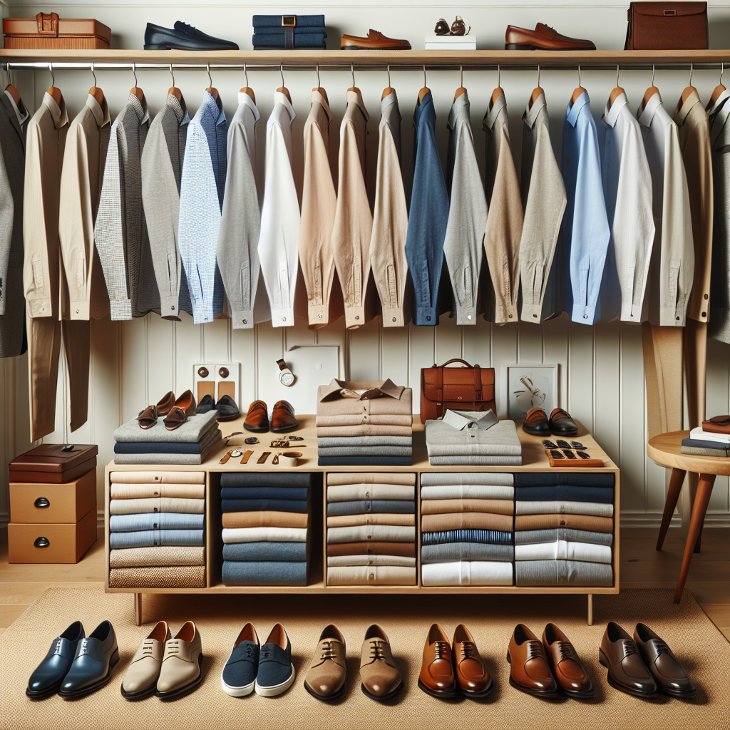 A well-curated, quintessential business casual wardrobe laid out. Centrally located, there's a neatly folded stack of Oxford shirts in various shades, to the right, an array of comfortable, yet professional khaki pants. To the left, there's a neat arrangement of smart skirts and blouses waiting to be paired. Include a selection of classy accessories like watches and minimalistic jewelry displayed on a wooden table. Lastly, ensure shoes like loafers for men and chic flats for women are present on a shoe rack at the bottom. The backdrop is of an organized walk-in closet.