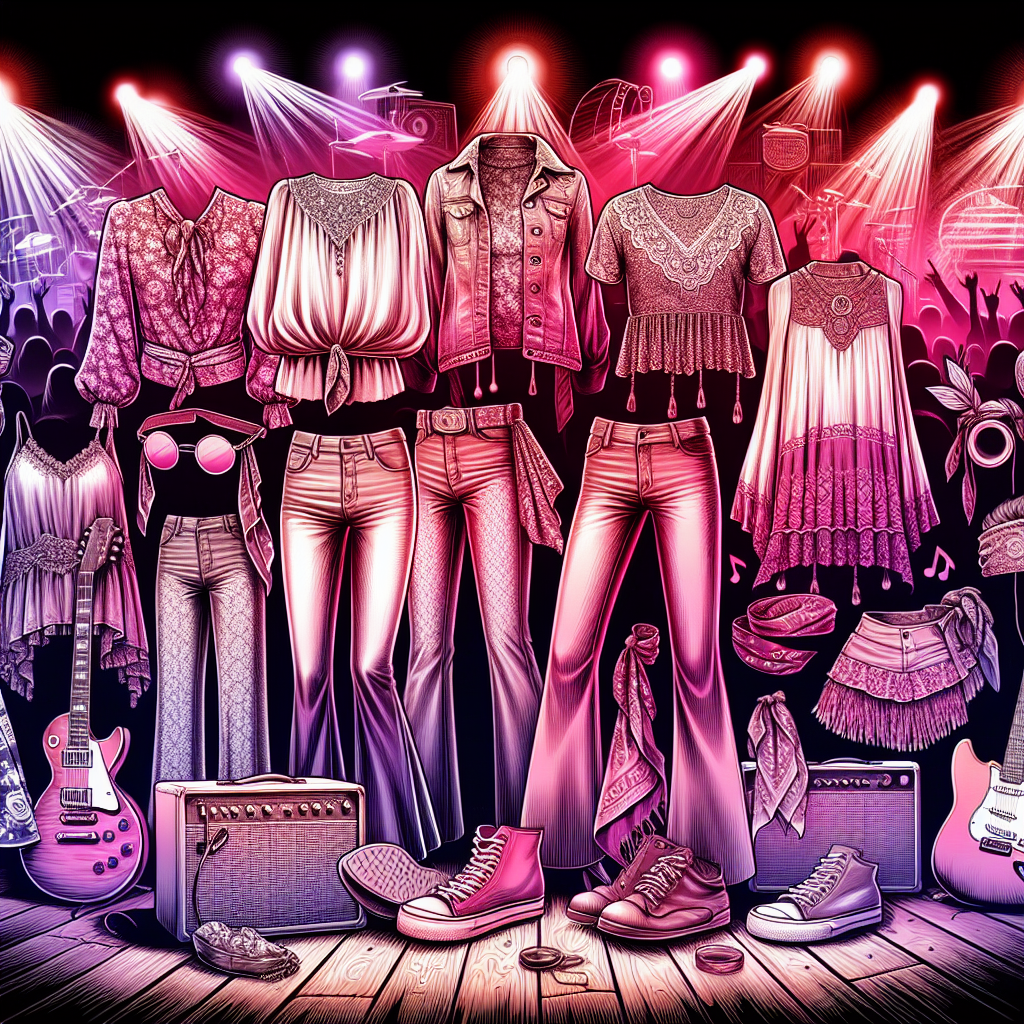 Create a stylized image showcasing a variety of concert outfits inspired by the iconic rock era. Feature an assortment of unique clothing items tinted in various shades of pink and detailed with visual elements reminiscent of a music concert. Include flowing blouses, bell-bottom pants, tie-dye shirts, leather jackets, and bandana headbands. Illuminate the image with psychedelic, colorful light effects to capture the essence of a rock concert ambiance. Remember to exclude any copyrighted logos or references to specific bands. Instead, focus on capturing the fashion trends popular in the era.