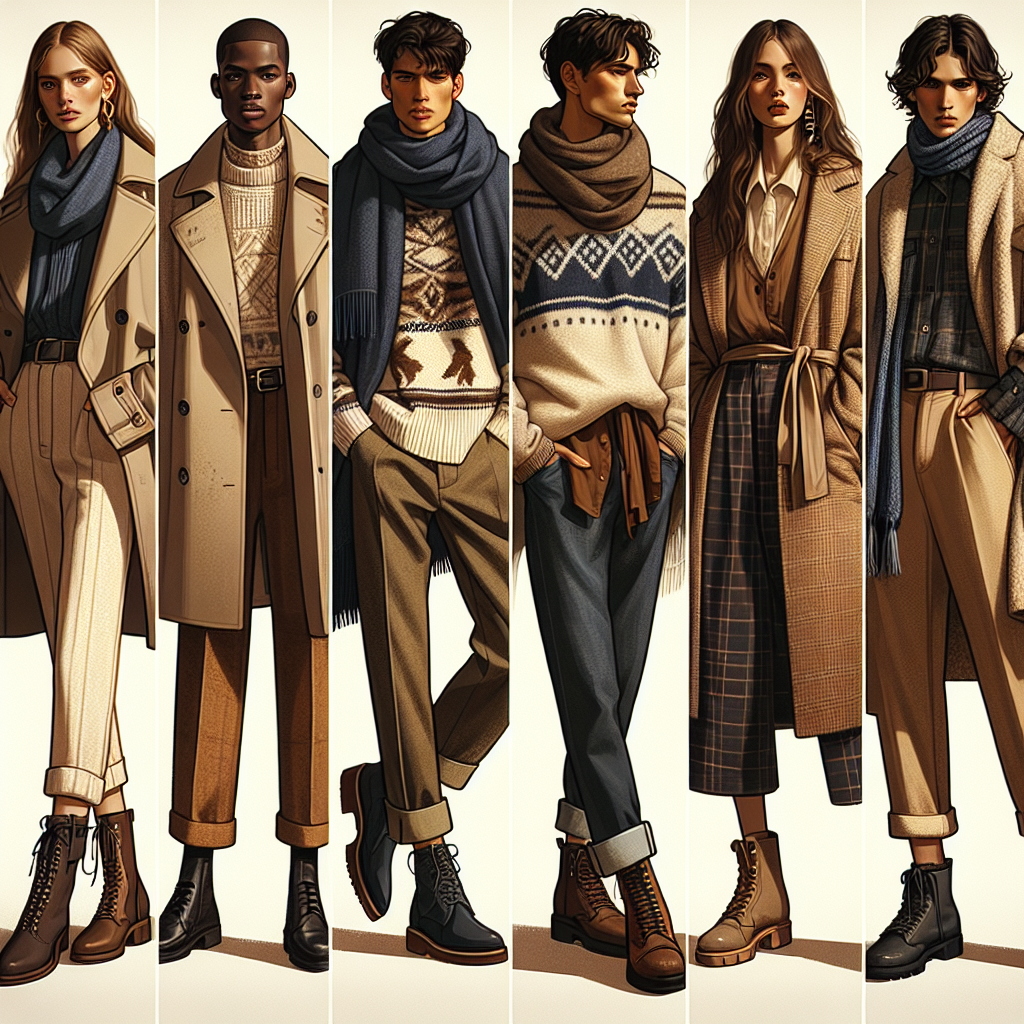 Showcase the seven unique fashion styles inspired by the Portuguese landscape and culture suited for a week in October. Image one: Caucasian female wearing a navy trench coat with a light woolen scarf. Image two: Black male in a stylish patterned sweater and khaki pants. Image three: Hispanic female in a classic beige trench paired with leather boots. Image four: Middle-Eastern male in a sleek black jacket and jeans. Image five: South Asian female in a trendy oversized sweater paired with long boots. Image six: East Asian male wearing a warm plaid shirt and dark denim. Image seven: Native American female in a comfortable yet chic layered outfit. Each image should also subtly reflect autumn hues in keeping with the fall aesthetics.