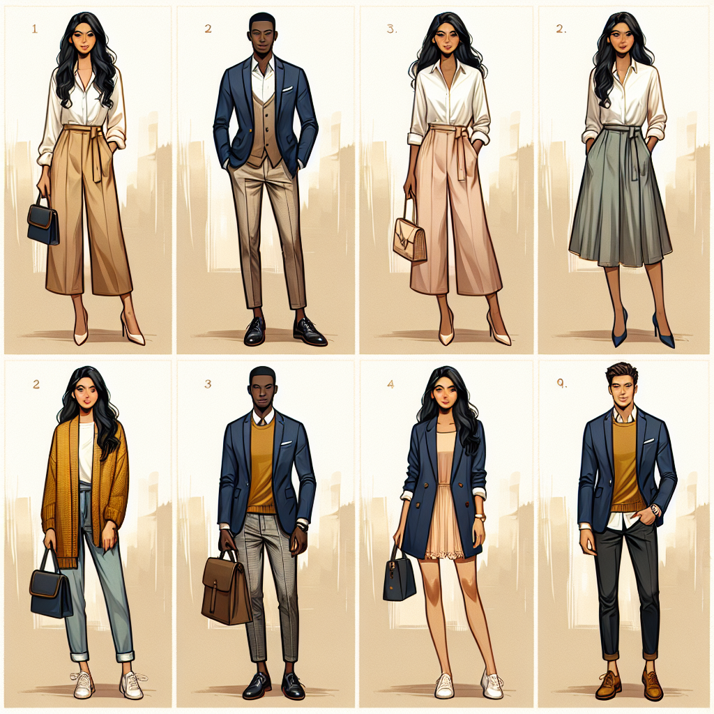 Picture a fashion guide with different looks complementing a navy blue blazer. It shows four distinct outfits. Outfit one: A South Asian woman in chic white blouse, camel colored trousers, and the blazer. Outfit two: A black man pairing the blazer with a light blue shirt, grey trousers, and brown shoes. Outfit three: A Hispanic woman wearing the blazer over a pastel-colored dress. Outfit four: A Caucasian man complementing the blazer with a mustard yellow sweater and black jeans. Each outfit is presented against a simple, neutral toned backdrop without any distractions.