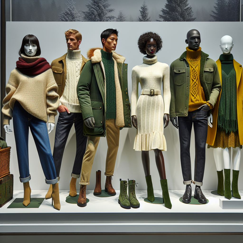 A winter-themed tableau depicting an array of fashionable outfits coordinated with a green jacket. The first outfit is worn by a Caucasian woman, includes a beige sweater paired with a fitted blue jeans. The second outfit is modeled by a Hispanic man, showcasing a white turtleneck with black pants. The third is worn by a Black woman, a yellow knit dress matching marvelously with the green jacket. The fourth is worn by an Asian man, a maroon scarf and dark denim providing an appealing contrast. Each outfit is completed with a tastefully chosen green jacket.