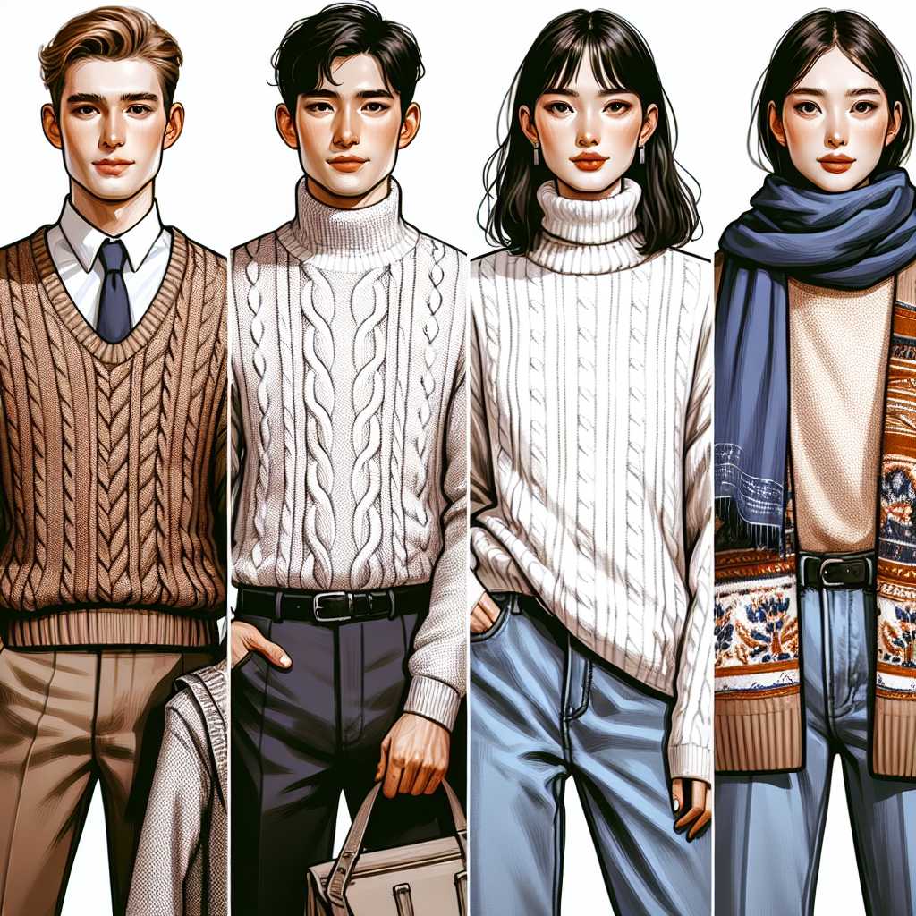 Create a fashion guide for what to wear under a crew neck sweater. Visualize a stylish outfit combination including a crew neck sweater for four people, each of diverse descent - Caucasian, Hispanic, Middle-Eastern, and South Asian. The person number one, a Caucasian male, is wearing a button-down under the sweater. The second person, a Hispanic female, is wearing a turtleneck under her sweater. The third person, a middle Eastern person of non-binary gender, is wearing a casual white t-shirt under their sweater. And lastly, the fourth person, a South Asian woman, is displaying a stylish scarf under her sweater. The colors of the outfits should clash harmoniously.