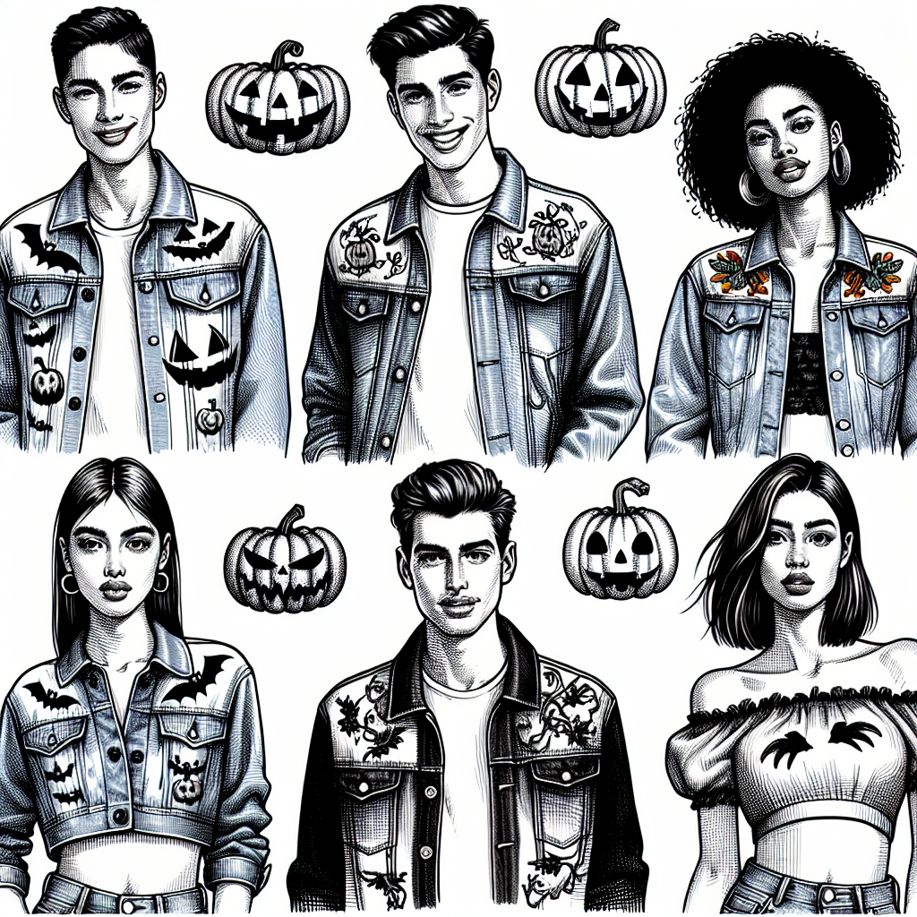 Visualize a collection of stunning jean tops ideal for creating effortless Halloween style. Display different designs like pumpkins, bats, and cobwebs embroidered into the fabric. Include various fits, such as loose-fit, tailored, and crop styles. Highlight a mix of people in these tops, including a Hispanic man with short hair, a Middle-Eastern woman with wavy hair, and a South Asian woman with a pixie cut. Their expressions are happy and confident, embodying the spirit of Halloween in their unique denim garments.