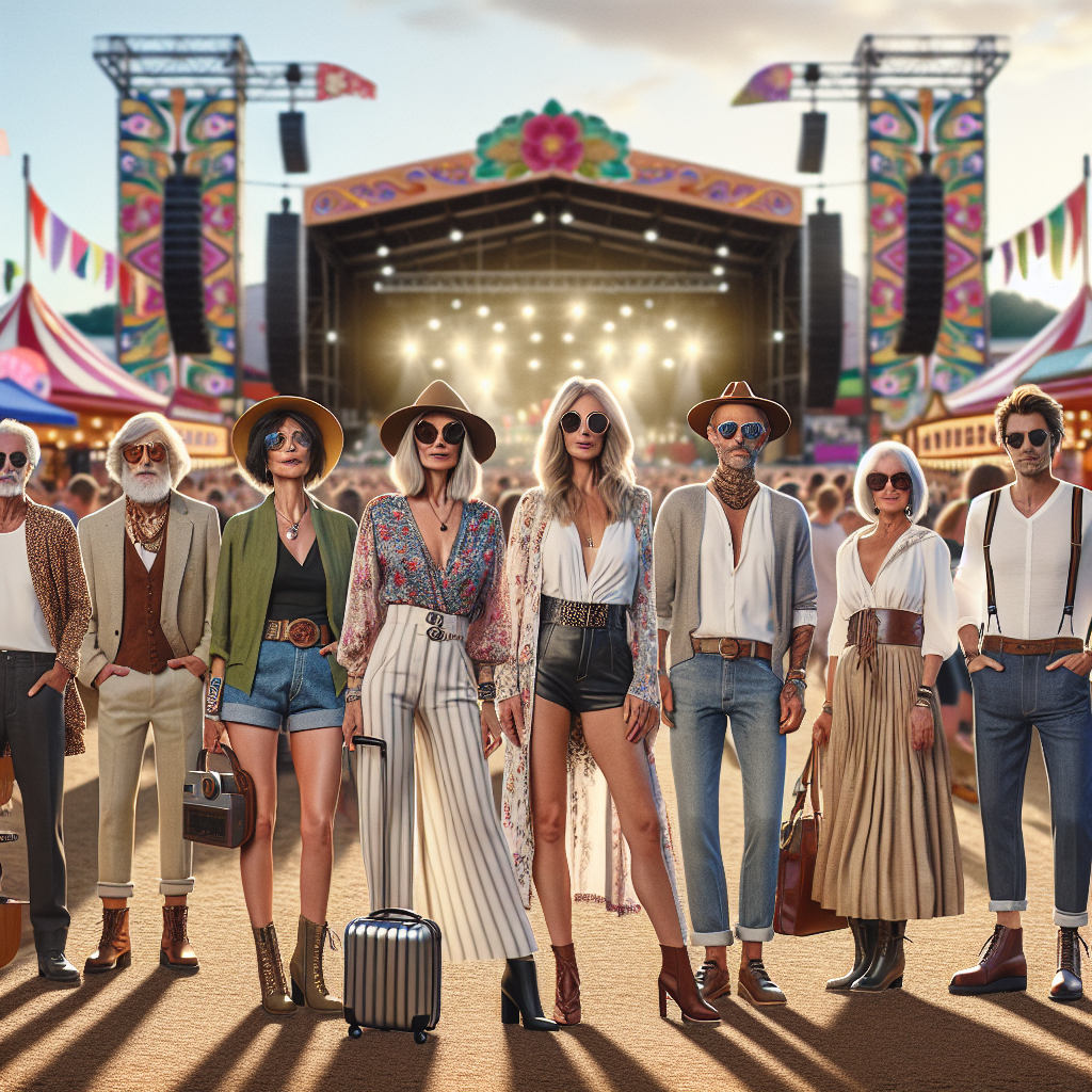 Stunning Festival Outfits for 40s: Effortless Style! Generate an image showcasing festival outfits designed for people in their 40s. The scene represents a diverse group of men and women donning stylish attire. The women are in chic, modern dresses with fancy accessories, exhibiting an effortless elegance. The men are in casual shirts, trousers or jeans, expressing a relaxed, cool vibe. Standing amidst a lively festival environment, the surroundings should depict concert stages, food stalls, and colorfully decorated festival tents. Retain elements that highlight the festival spirit, fashion, age inclusion, and diversity.