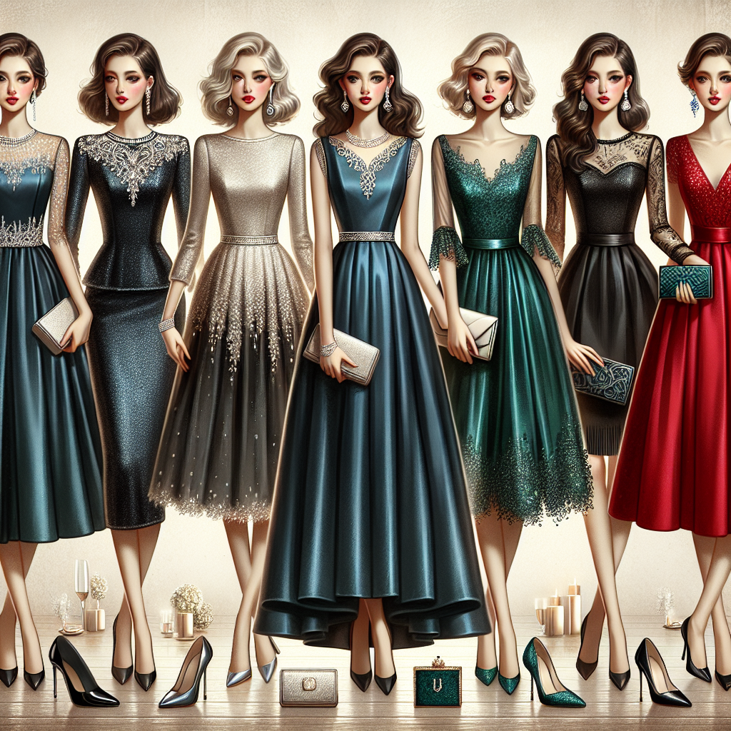 Image of a collection of different elegant and sophisticated outfits suitable for Women attending a Bar Mitzvah. The selection should showcase different styles fitting various body types: A sleek black dress with intricate silver accents, a shining deep blue A-line gown with a delicate lace overlay, an emerald green knee-length dress with flowy sleeves, and a bold red fitted dress with an asymmetrical collar. Each ensemble should be complemented with appropriate accessories such as pearl necklaces, diamond earrings, classy clutches, and statement heels. The background can be a festive setting with beautiful, subtle decorations.
