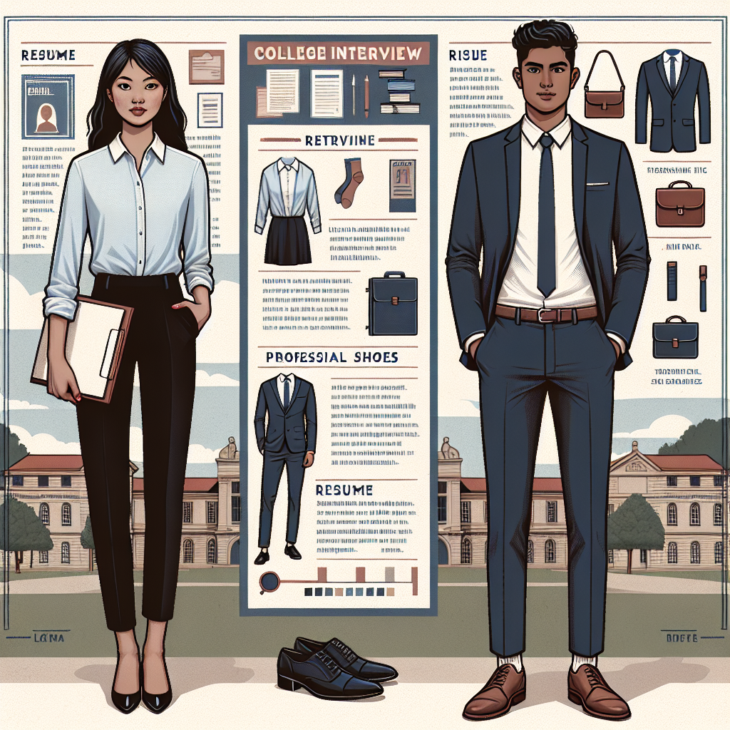 College Interview Attire: Effortless, Must-Have Guide A detailed and illustrative guide for college interview attire. In the foreground, demonstrate a composed, smartly dressed South Asian female student wearing a neatly pressed light blue blouse and black slacks, she is holding a portfolio folder. Behind her, a Hispanic male student confidently stands, dressed in a crisp white dress shirt, stylish tie, and navy trousers. To the side, an infographic panel discussing the 'must-have' items for an interview; this includes a checklist of things like resume, professional bag, and neutral-colored shoes. Add a subdued college campus background for context.