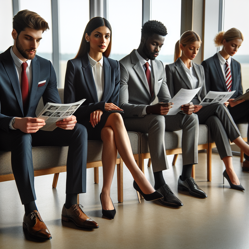 A professional setting where individuals representing diverse descents and genders are in a waiting room, all dressed impeccably for a job interview. Set focus on their wardrobes: a Caucasian male in a navy suit with a red tie, sitting next to a Middle Eastern female wearing a tailored blazer and pencil skirt. Across from them, a Black male in grey suit and striped tie peruses a magazine, while a South Asian female in charcoal pantsuit confidently reviews her CV. Also highlight small yet vital details like polished shoes, neat hairstyles, and tidy portfolios.