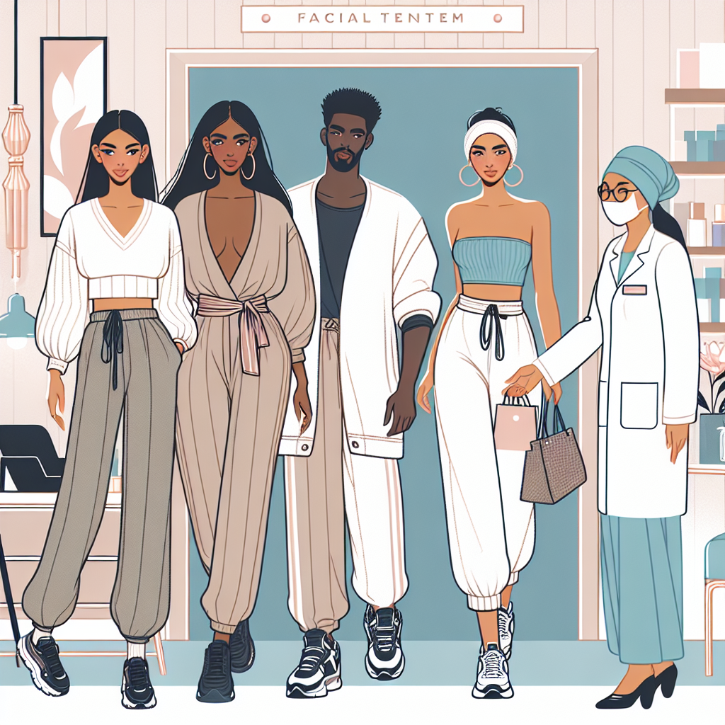 What to Wear to a Facial: Effortless, Chic Tips A fashion-forward illustration showcasing diverse people entering a wellness center for facial treatments. This includes a Black woman stylishly wearing a comfortable, loose-fitted shirt with a pair of easy-to-remove slip-on shoes, a Middle-Eastern man in a chic tracksuit and trendy sneakers, and a Caucasian woman wearing a trendy jumpsuit and stylish sandals. An experienced South Asian therapist welcomes them at the entrance. The setting is modern yet relaxing, with pastel colors and encompassing a chic minimalist aesthetic.