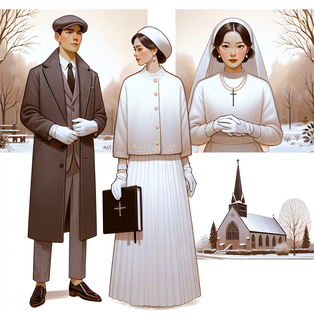 Must-Have Outfits for Winter Baptism: Chic & Reverent Illustrate an article featuring must-have outfits for a winter baptism. Depict a woman of Asian descent, dressed in a chic and reverent white woolen dress with matching gloves and a minimalistic pearl necklace. In the next scene, show a Caucasian man clad in a sophisticated grey woolen coat with a matching scarf, carrying a Bible. The backgrounds should suggest a chilly winter ambiance, with bare trees and a dusting of snow on the ground. Emphasize the reverence of the occasion with a modest, classic church in the distant background. The artwork should be warm, inviting, emphasizing the elegance and spirituality of the scene.